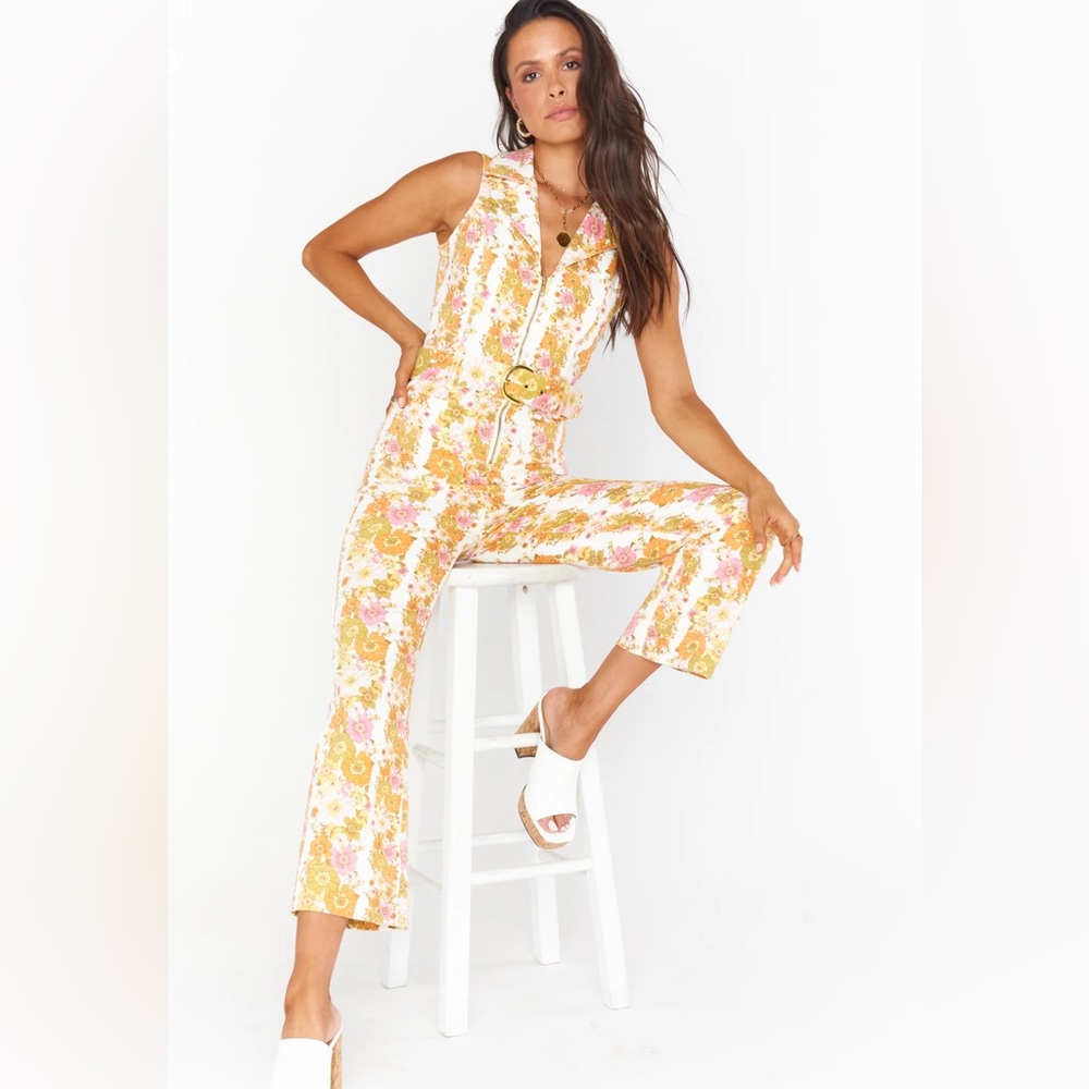 Show Me Your Mumu - Large- Jacksonville Cropped Jumpsuit Groovy Blooms stripe
